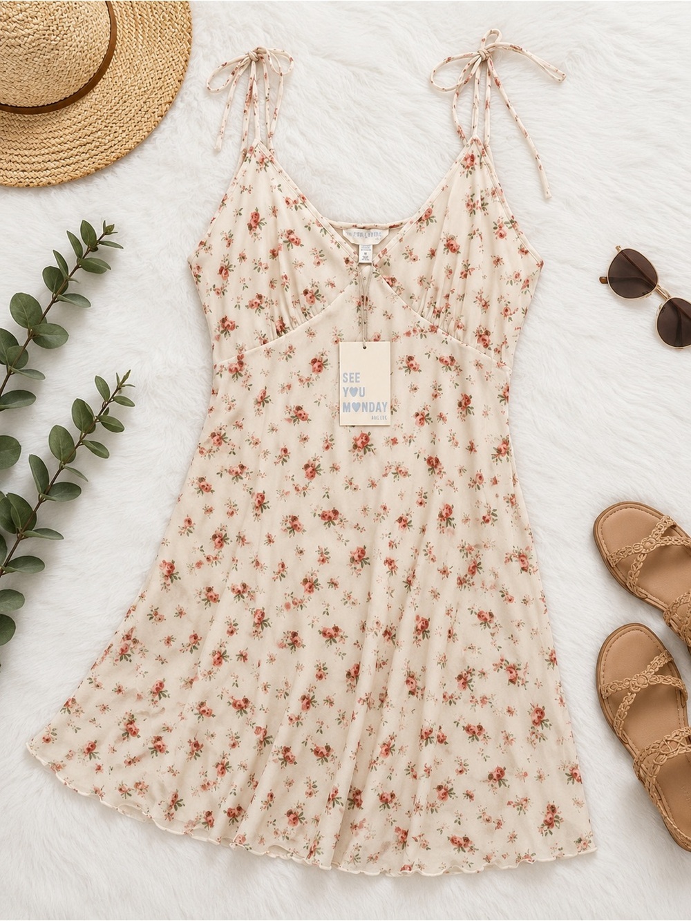 See You Monday Mini Slip Dress Womens M Ivory Pink Floral Rose Tie Straps